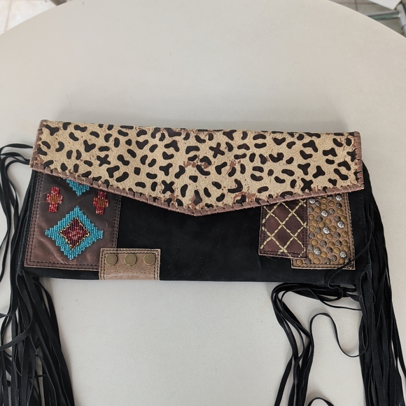 Double D Ranch Multicolor Patchwork Clutch Fringe Suede Animal Print Beads Studs - Picture 2 of 13